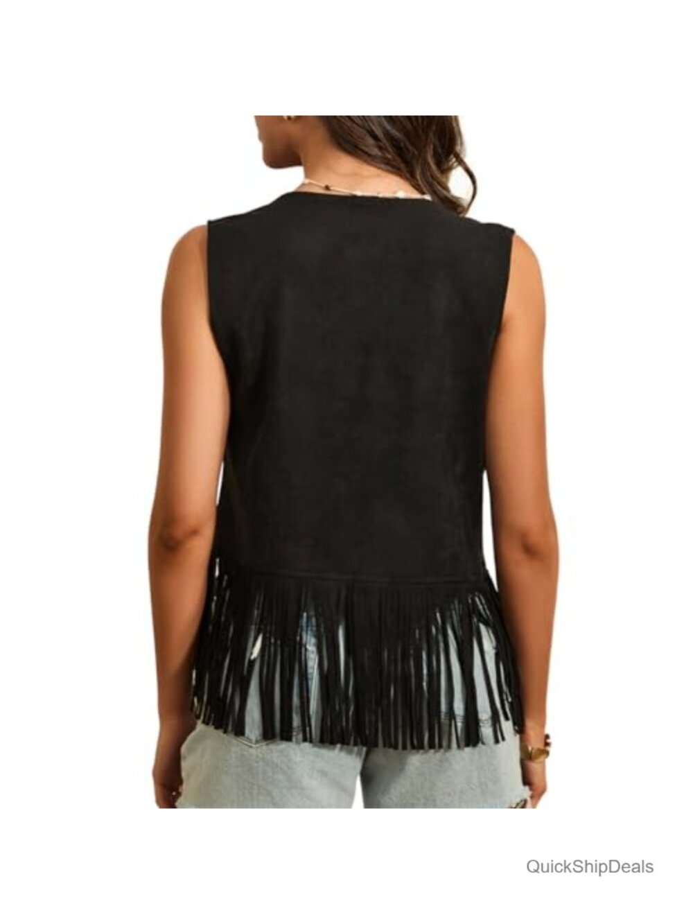 Faux Suede Fringe Vest Tassels Open Front 70s Hippie Cowgirl Layering - Picture 3 of 3